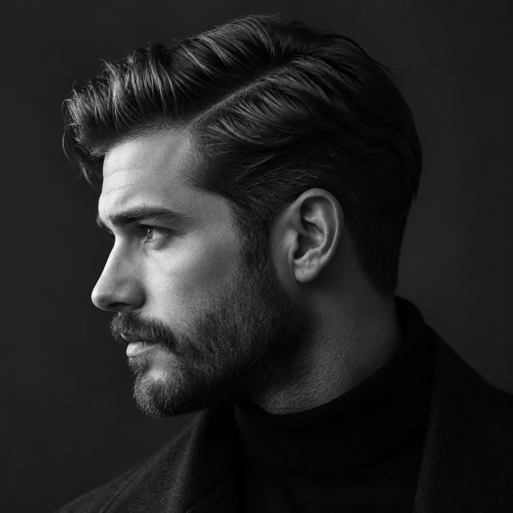 Classic side part with a beard