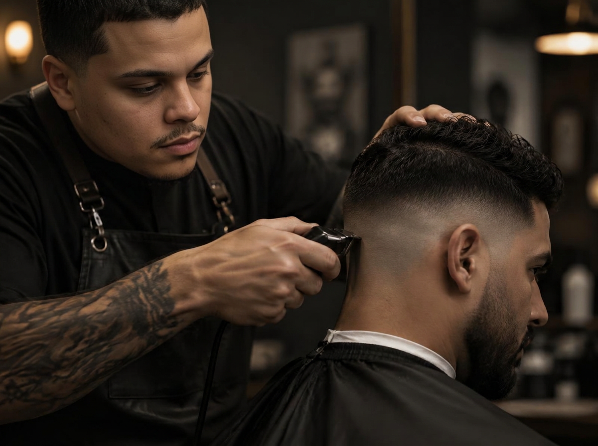 Miguel Serrano giving a precision fade haircut in his private studio