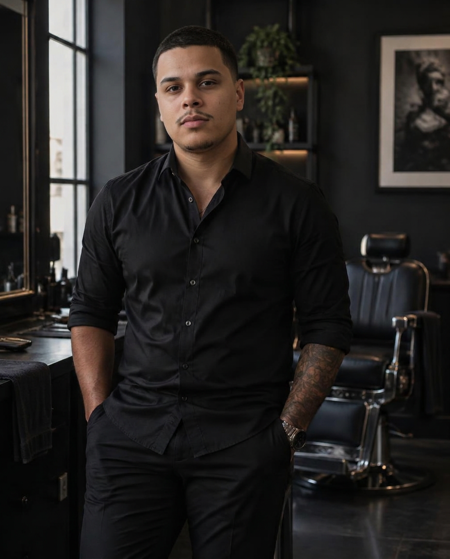 Portrait of Miguel Serrano in his private barber studio