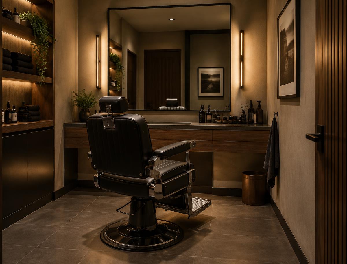 The studio's single premium barber chair and mirror