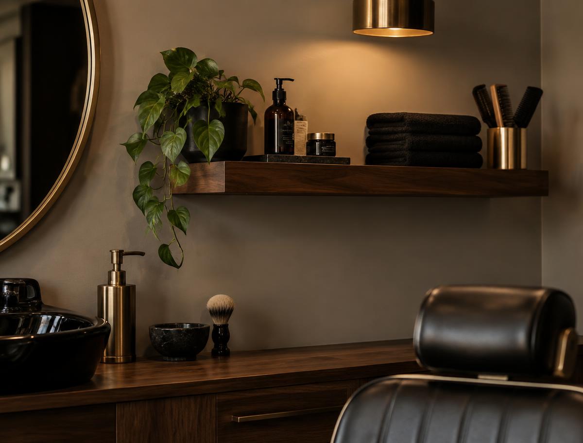 Grooming products and folded towels on a walnut shelf